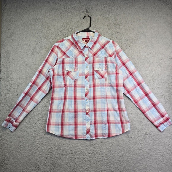 Panhandle Slim Western Shirt Women's XL Blue Red Plaid Pearl Snap‎ Rodeo Bling - Picture 1 of 9